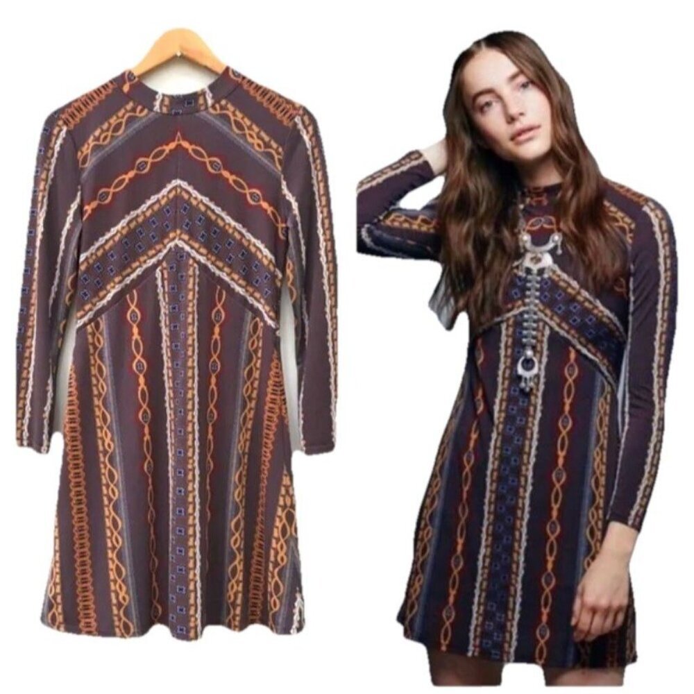 Free People Stella‎ Retro Mod Multicolor Earth-tone Fall Mini Dress Size S Small